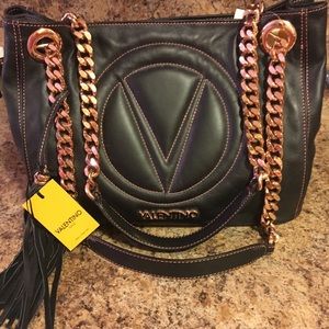 Black Valentino logo leather tote with rose gold